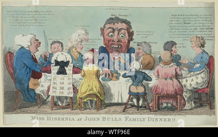 Miss Hibernia at John Bulls family dinner!!  Print shows Miss Hibernia seated at right wearing dress decorated with Irish harps; seated around the table are members of John Bull's family, identified as various taxes which are likely to be imposed on the Irish as a result of William Pitt's proposed Irish union. A grotesque figure seated center and labeled Isacc Income!! is taking more than his share Pr. An. He is admonished by Abraham Hat Stamp who says, Dont be so boiseterous, there is enough for us all and by Polly Powder Tax, Really Brother I am quite ashamed of you. John Bull, raising a kni Stock Photo