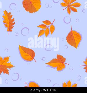 Seamless forest pattern with red autumn leaves. Flat fall lilac background with splash of water. Vector wallpaper. Stock Vector