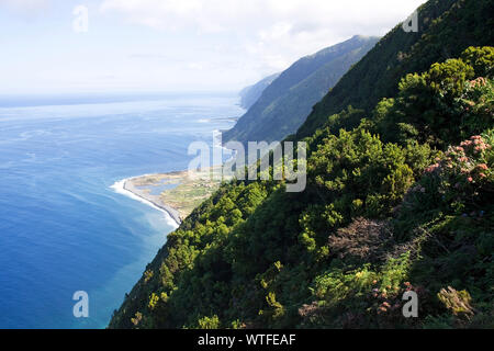 Coastal view to Faja dos Cubres and Ponta da Caldeira Sao Jorge Island Azores Portugal Stock Photo