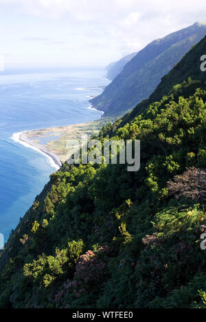 Coastal view to Faja dos Cubres and Ponta da Caldeira Sao Jorge Island Azores Portugal Stock Photo