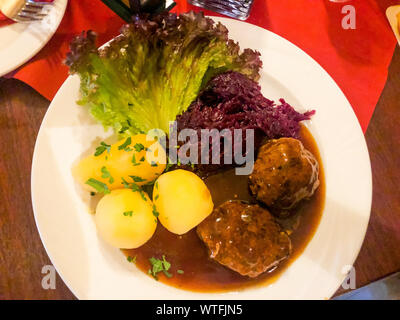 Tasty stewed meat, red cabbage and potato dumplings. Photo Studio Stock Photo