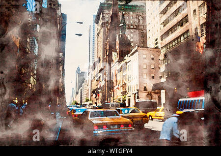 Moody impression from New York City scene of 5th Avenue on Manhattan with skyscrapers and yellow caps traffic. Watercolor painting - Illustration Stock Photo