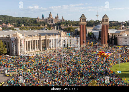 Aerial view of the catalan independentist rally at Plaça Espanya. La Diada,Catalonia's National Day. Barcelona, Catalonia / Spain - September 11, 2019 Stock Photo