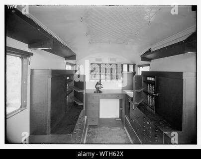 Mobile medical unit for Bedouin tribes in Transjordan. The dispensary van. Interior Stock Photo