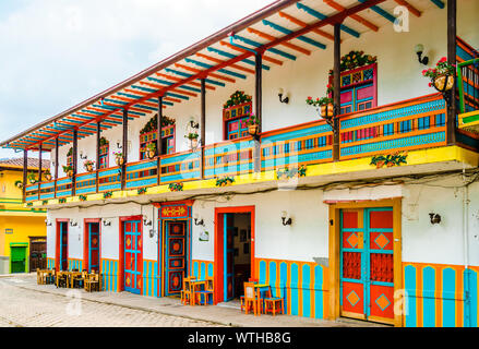 View on colonial buildings in the street of Jardin, Colombia Stock Photo
