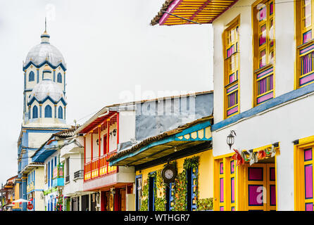 View on colonial buildings in the streets of Filandia, Colombia Stock Photo