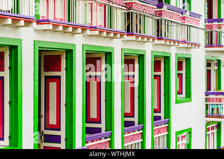 View on Colourful colonial style wooden building in Filandia Colombia Stock Photo