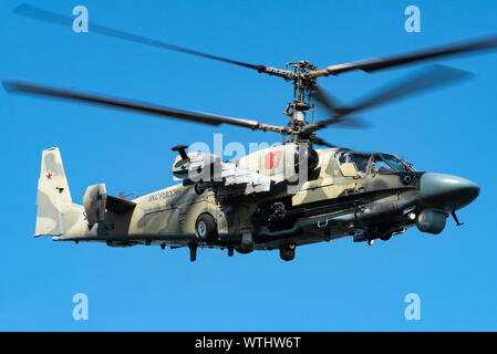 A Kamov Ka-52 'Alligator' attack and combat helicopter of the Russian Air Force at the MAKS 2019 airshow. Stock Photo