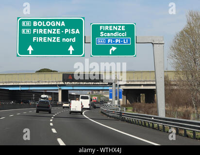 crossroad to italian freeway called FiPiLi and Florence and Scandicci or Bologna City Stock Photo