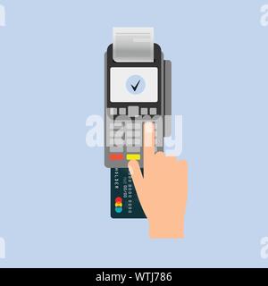 Hand inserting credit card to a POS terminal. Payment terminal . Flat design vector. Stock Vector