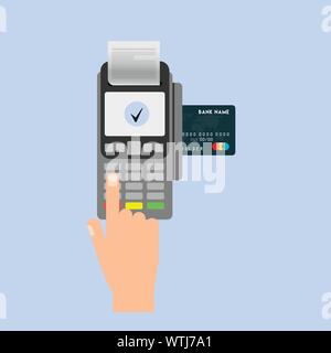 Hand inserting credit card to a POS terminal. Payment terminal . Flat design vector. Stock Vector