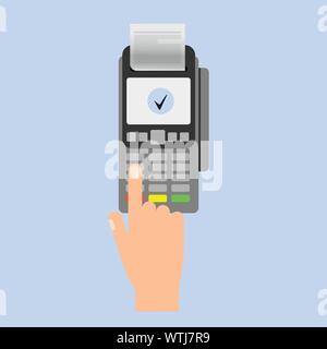 Hand inserting credit card to a POS terminal. Payment terminal . Flat design vector. Stock Vector