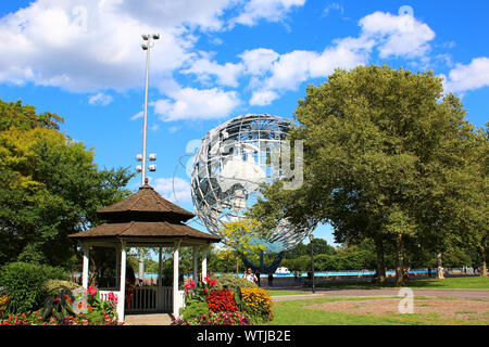 Unisphere is a stainless steel representation of the Earth, located in Flushing Meadows-Corona Park, Queens on AUGUST 10th, 2019 in New York, USA. (Ph Stock Photo