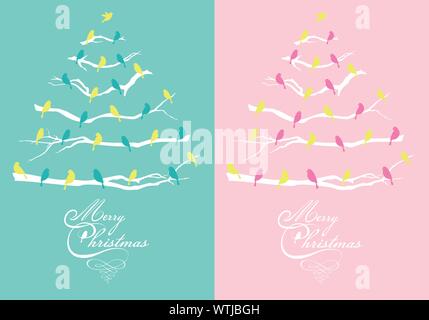 Pink and teal Christmas cards with trees and birds, vector set Stock Vector