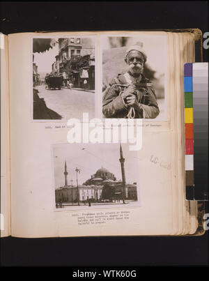 More awakening of the Turks. New motor fire apparatus to replace the hand pump and runners of ancient times. The first day this was used after the Allied withdrawal, it passed through a couple of houses on a street corner  Photographs show a fire truck in the street, half-length portrait of a porter, and a mosque, Istanbul, Turkey. Stock Photo