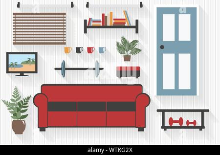 Basement Furniture Flat Icons with Exercise Weights - All Long Shadows on one layer - contains blends Stock Vector