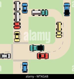 Traffic Map with Cars and Trucks on Road at Intersection, grouped and layered Stock Vector
