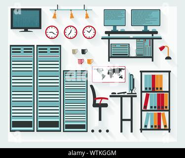 Flat Business Server Room Furniture Icons with Computers - All Long Shadows on one layer - contains blends Stock Vector