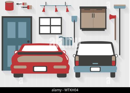 Flat Icons Garage Furniture with Cars and Tools - All Long Shadows on one layer - contains blends Stock Vector