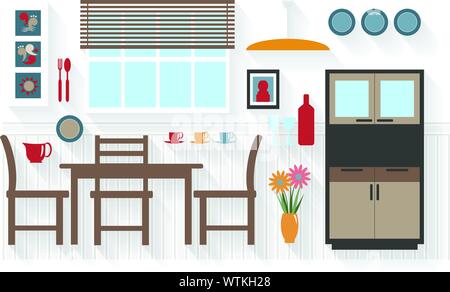 Flat Icons Dining Room Furniture with Table and Chairs - All Long Shadows on one layer - contains blends Stock Vector