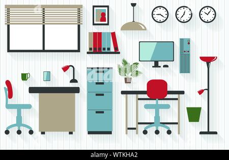 Flat Business Office Furniture Icons with Computers - All Long Shadows on one layer - contains blends Stock Vector