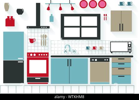 Flat Icons Kitchen Furniture with Appliances and Cupboards - All Long Shadows on one layer - contains blends Stock Vector