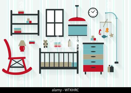 Nursery Room Furniture with Baby Cot and Rocking Chair Flat Icons - All Long Shadows on one layer - contains blends Stock Vector