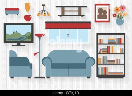 Lounge Furniture Flat Icons with Couch and Bookcase - All Long Shadows on one layer - contains blends Stock Vector