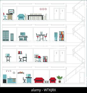 Sketch Style Cutaway Office Building with Interior Design Plan - Detailed Grouped and Layered EPS10 Stock Vector