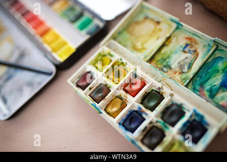 Close-up of a watercolor box.