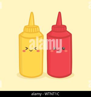Cute Yellow Mustard and Red Tomato Ketchup Plastic Bottle Cartoon Character Smile Stock Vector
