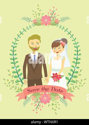 Wedding invitation with bride and groom holding their hand on flower theme and yellow background. Stock Vector