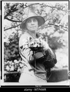 Mrs. Calvin Coolidge, half-length portrait, standing, facing front, holding her pet raccoon Rebecca Stock Photo