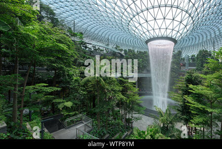 Jewel Changi Airport in Singapore, a glass dome with indoor waterfall and forest, shopping mall, terminal and hotel Stock Photo