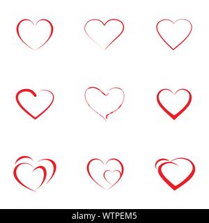 Set of red hearts icon with different outline hearts, vector illustration. Design elements for Valentine's day. Stock Vector