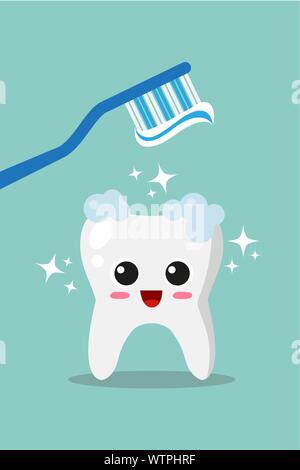 Cute, smiling and happy tooth are brushing with toothbrush and toothpaste. Vector illustration. Stock Vector