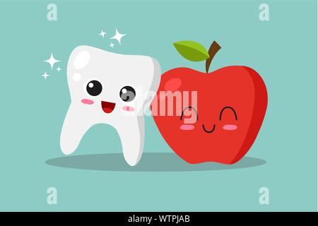 Cute, smiling and happy tooth and apple. Vector Illustration. Stock Vector