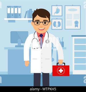 Medical office. Male doctor with a medical briefcase. Vector illustration Stock Vector