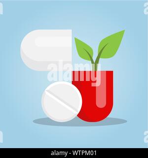 Ecological drugs and pills with a leaf. Vector illustration Stock Vector