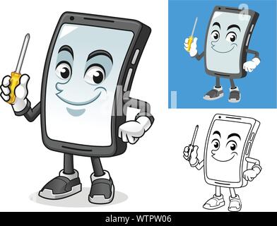 Smartphone Holding Screwdriver Cartoon Character Mascot Illustration, Including Flat and Black and White Designs, Vector Illustration. Stock Vector