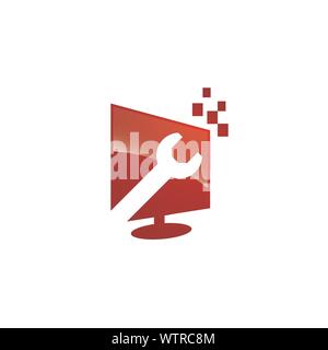 Abstract computer repair logo - tools and screen PC repairs vector Stock Vector