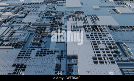 Abstract futuristic surface of a spaceship with sky lighting. Beautiful background for your tech design. Depth of field effect. A surface consisting o Stock Photo