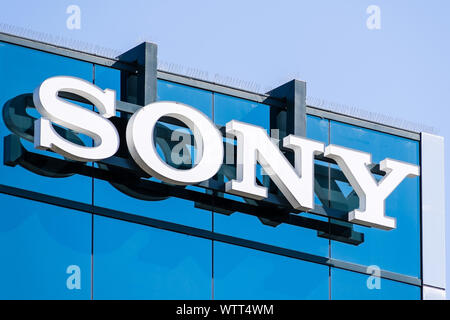 Sep 9, 2019 San Mateo / CA / USA - Sony sign at the Sony Interactive Entertainment offices in Silicon Valley; Sony Corporation is a Japanese multinati Stock Photo