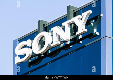 Sep 9, 2019 San Mateo / CA / USA - Sony sign at the Sony Interactive Entertainment offices in Silicon Valley; Sony Corporation is a Japanese multinati Stock Photo