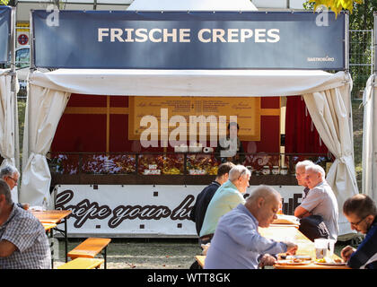 Berlin, Germany. 11th Sep, 2019. A crepe stall is seen at the 59th Consumer Electronics Unlimited (IFA) fair in Berlin, capital of Germany, on Sept. 11, 2019. Though originated in France, crepe has been one of the most popular snacks in Germany. Credit: Shan Yuqi/Xinhua/Alamy Live News Stock Photo