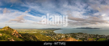 Spectacular panoramic view of Cape Cleveland, Magnetic Island and Cleveland Bay from Castle Hill lookout, facing north. Stock Photo