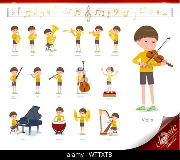 A set of boy on classical music performances.There are actions to play various instruments such as string instruments and wind instruments.It's vector Stock Vector