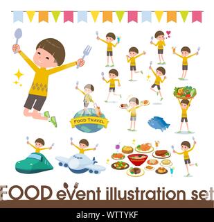 A set of boy on food events.There are actions that have a fork and a spoon and are having fun.It's vector art so it's easy to edit. Stock Vector