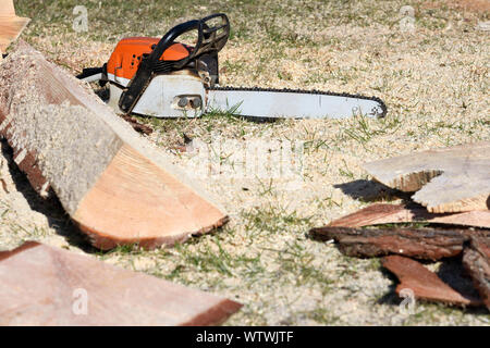 Close up professional chainsaw blade cutting log of wood. Chainsaw bar and cutting chain. Blade of a chainsaw in the garden. Stock Photo