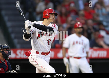 September 11, 2019: Los Angeles Angels designated hitter Shohei Ohtani (17) launches a solo homer during the game between the Cleveland Indians and the Los Angeles Angels of Anaheim at Angel Stadium in Anaheim, CA, (Photo by Peter Joneleit, Cal Sport Media) Stock Photo